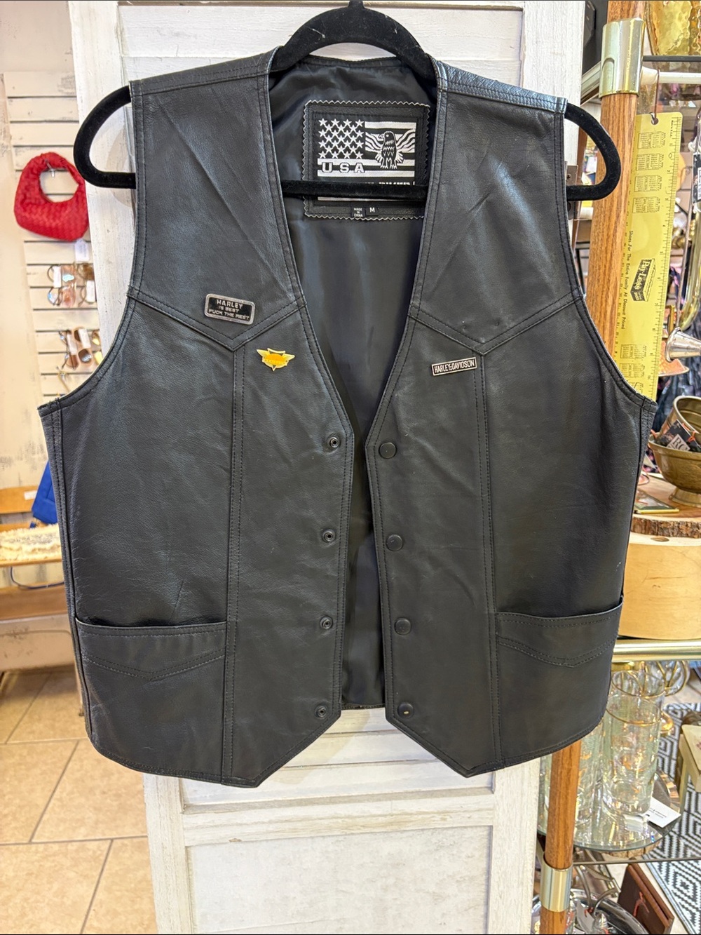 Harley-Davidson Black Leather Biker Vest with Patch Details